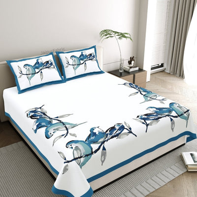 Azure Blue Tropical Trio King Size Pure Cotton Bedsheet