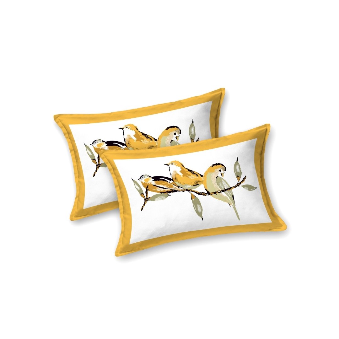 Mustard Yellow Birds Harmony King Size Pure Cotton Bedsheet