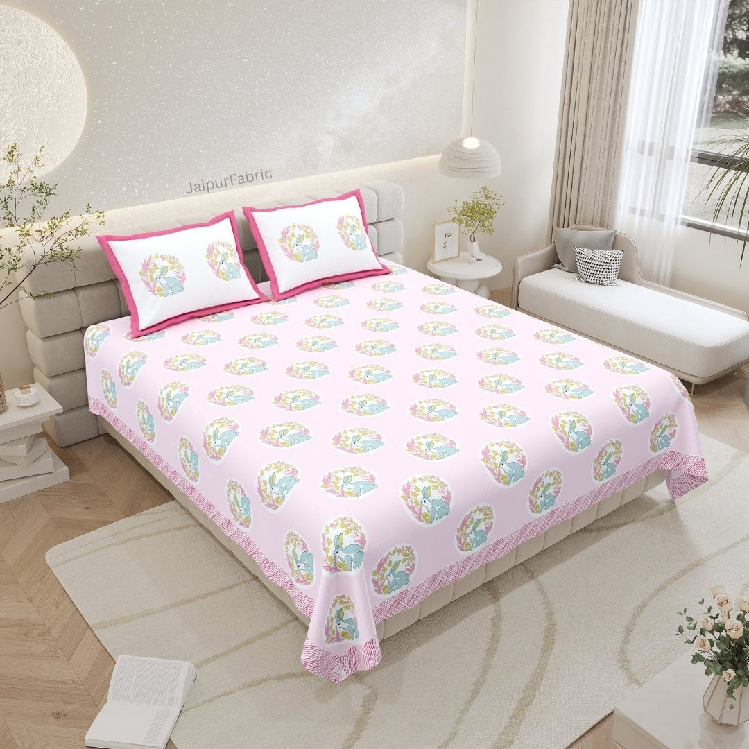 Blossom Pink Bunny Meadow King Size Pure Cotton Bedsheet