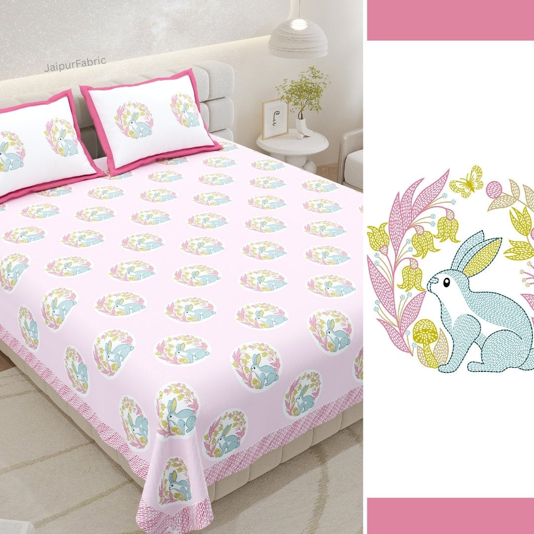 Blossom Pink Bunny Meadow King Size Pure Cotton Bedsheet
