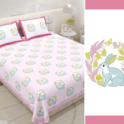 Blossom Pink Bunny Meadow King Size Pure Cotton Bedsheet