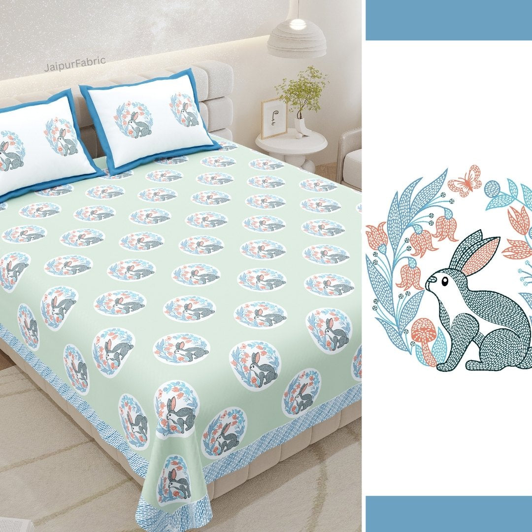 Mint Green Bunny Meadow King Size Pure Cotton Bedsheet