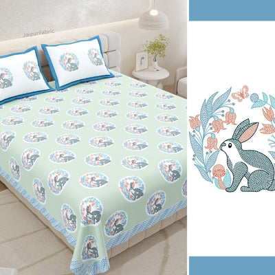 Mint Green Bunny Meadow King Size Pure Cotton Bedsheet