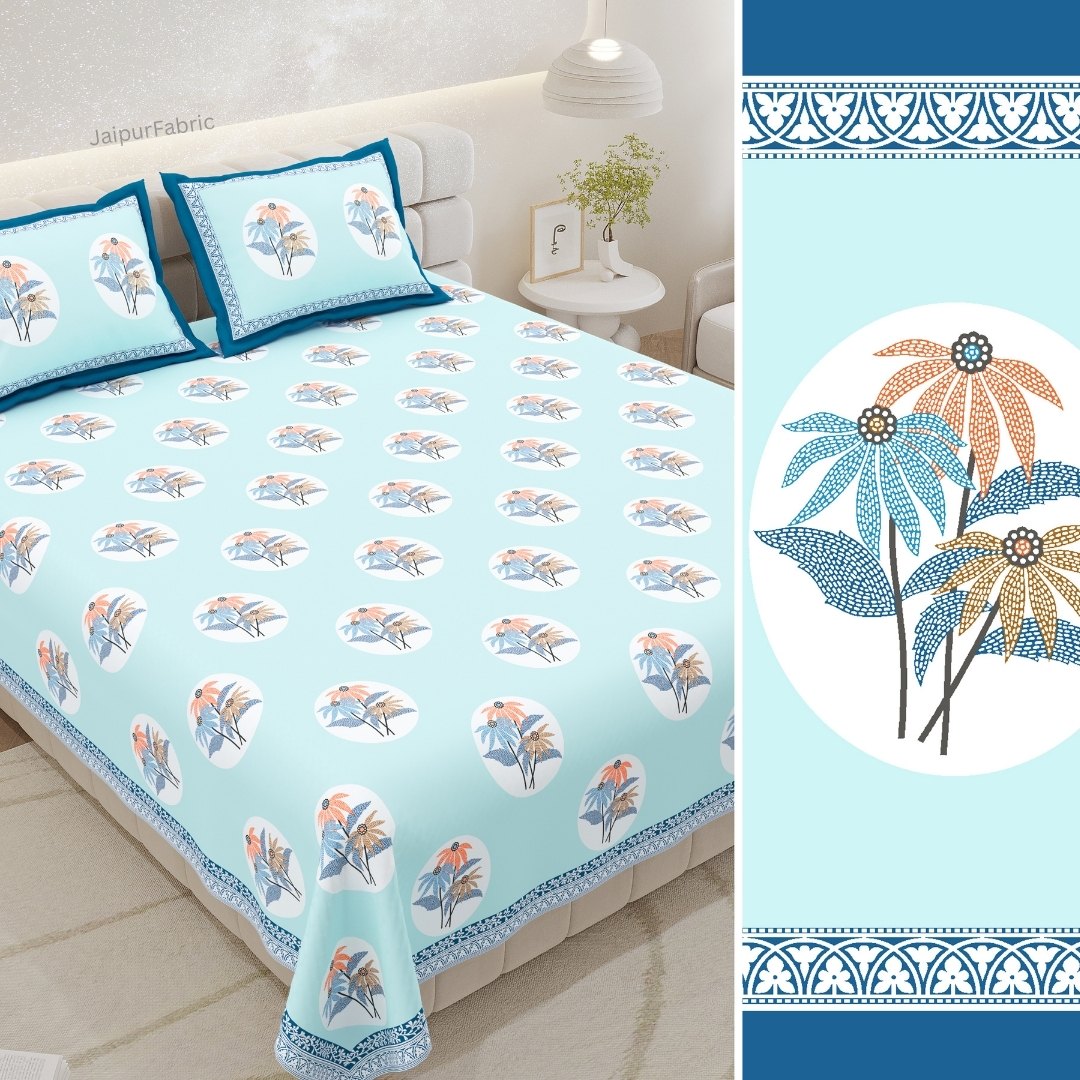 Sky Blue Palm Oasis King Size Pure Cotton Bedsheet