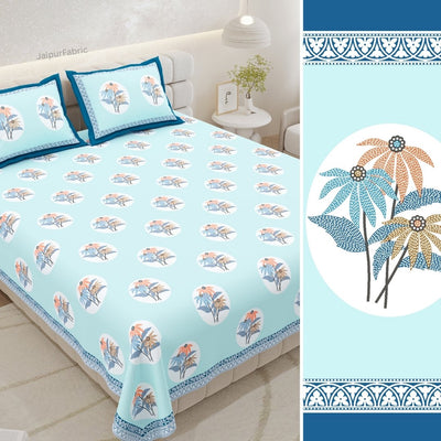 Sky Blue Palm Oasis King Size Pure Cotton Bedsheet