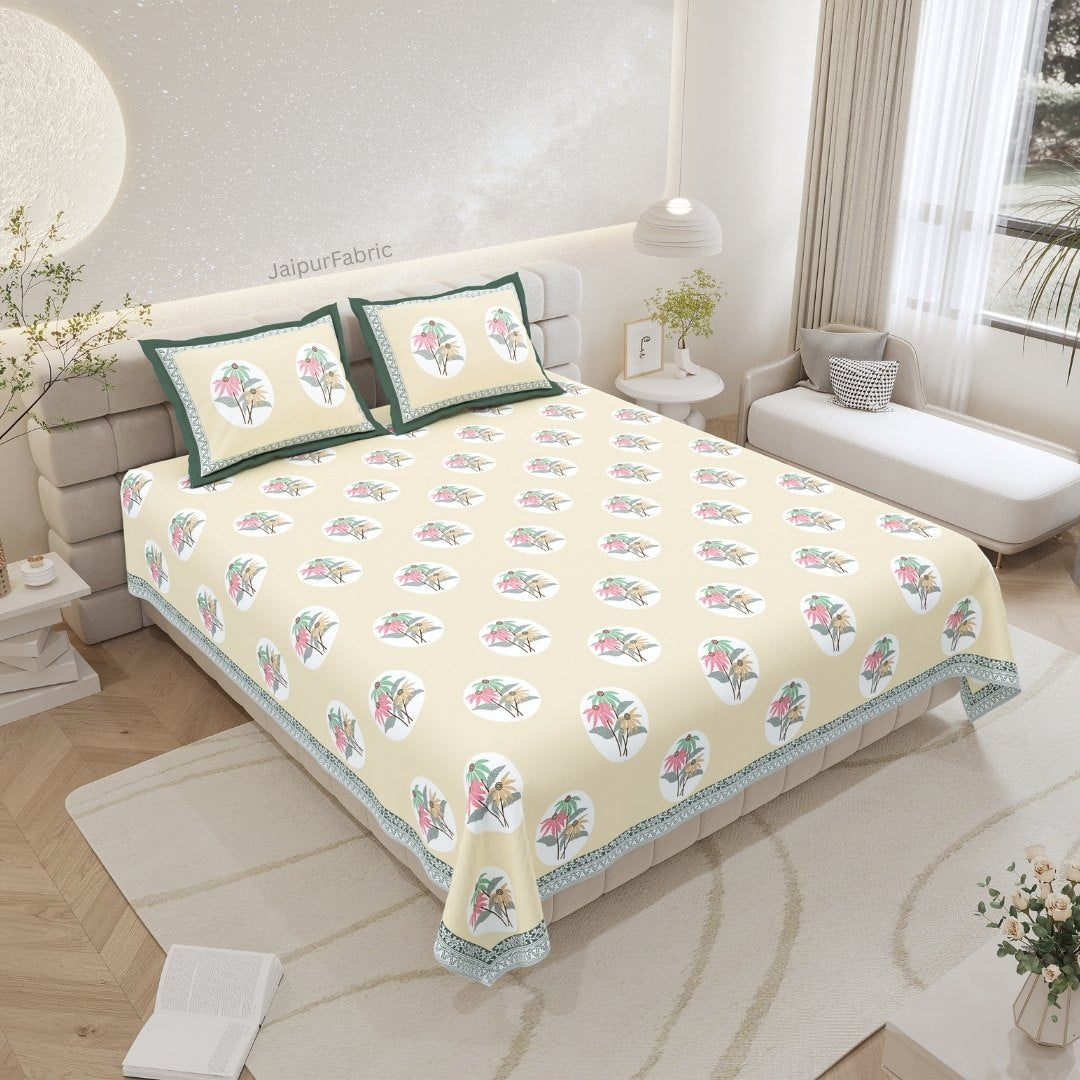 Buttercream Yellow Palm Oasis King Size Pure Cotton Bedsheet