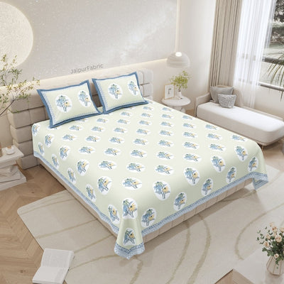 Seafoam Green Garden Oval King Size Pure Cotton Bedsheet