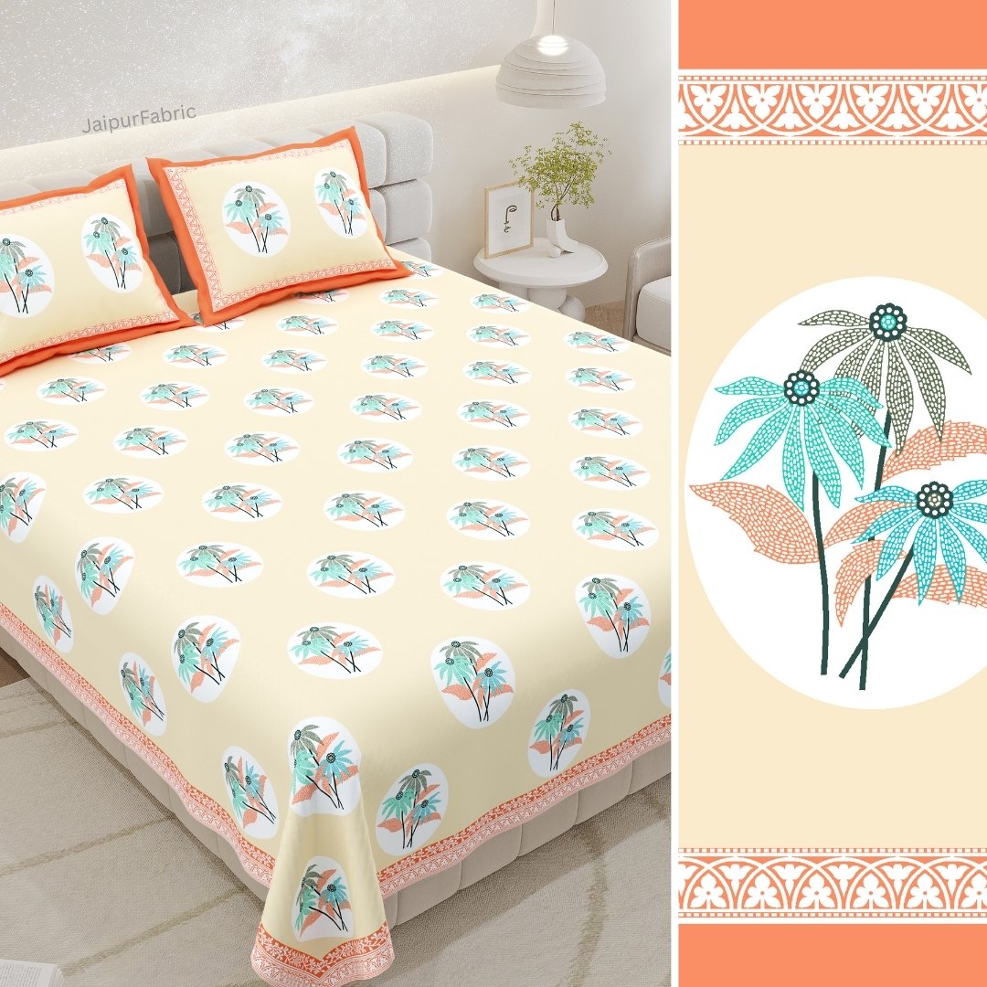 Vanilla Peach Garden Oval King Size Pure Cotton Bedsheet