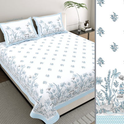 Sky Blue Botanical Paradise Bedsheet | Set of 1 Bedsheet and 2 Pillow Covers (108" X 108")
