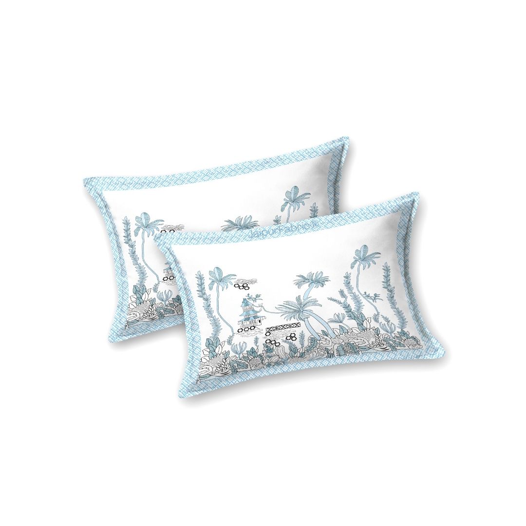 Sky Blue Botanical Paradise Bedsheet | Set of 1 Bedsheet and 2 Pillow Covers (108" X 108")