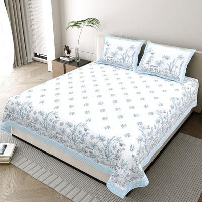 Sky Blue Botanical Paradise Bedsheet | Set of 1 Bedsheet and 2 Pillow Covers (108" X 108")