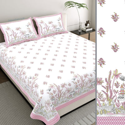 Soft Pink Floral Meadow Bedsheet | Set of 1 Bedsheet and 2 Pillow Covers (108" X 108")