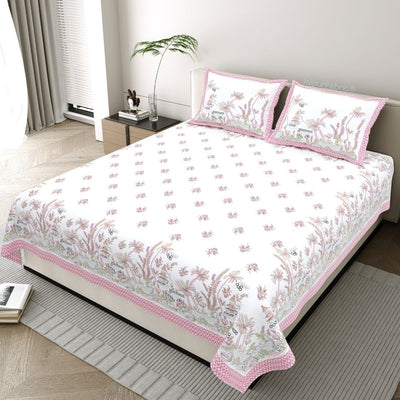 Soft Pink Floral Meadow Bedsheet | Set of 1 Bedsheet and 2 Pillow Covers (108" X 108")