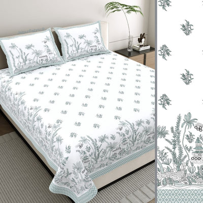 Teal Green Nature Harmony Bedsheet | Set of 1 Bedsheet and 2 Pillow Covers (108" X 108")