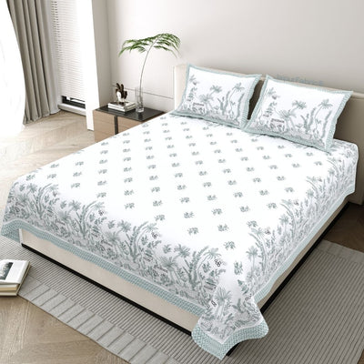 Teal Green Nature Harmony Bedsheet | Set of 1 Bedsheet and 2 Pillow Covers (108" X 108")