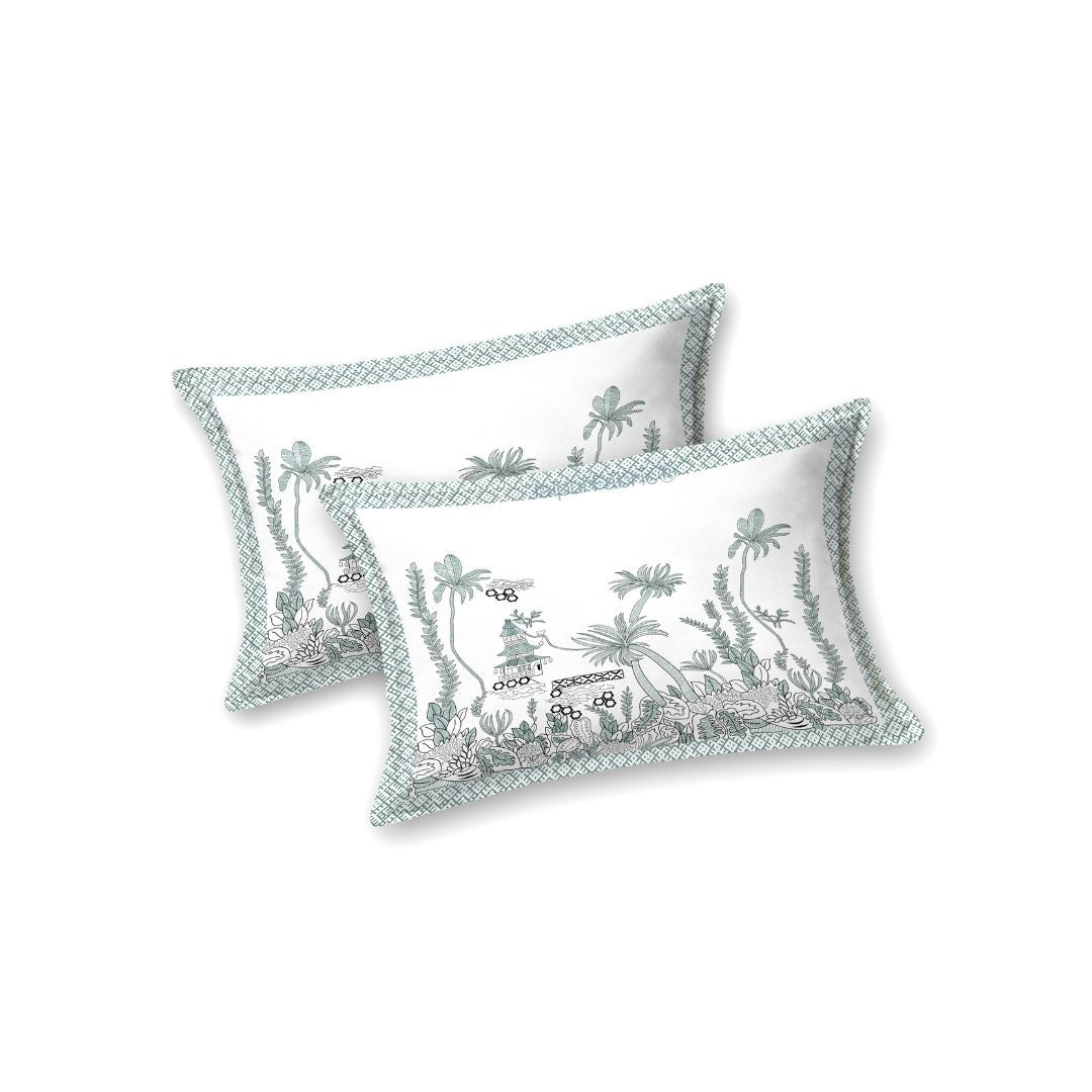 Teal Green Nature Harmony Bedsheet | Set of 1 Bedsheet and 2 Pillow Covers (108" X 108")