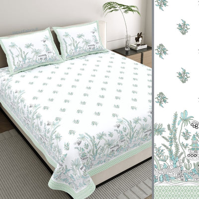 Mint Green Tropical Bliss Bedsheet | Set of 1 Bedsheet and 2 Pillow Covers (108" X 108")