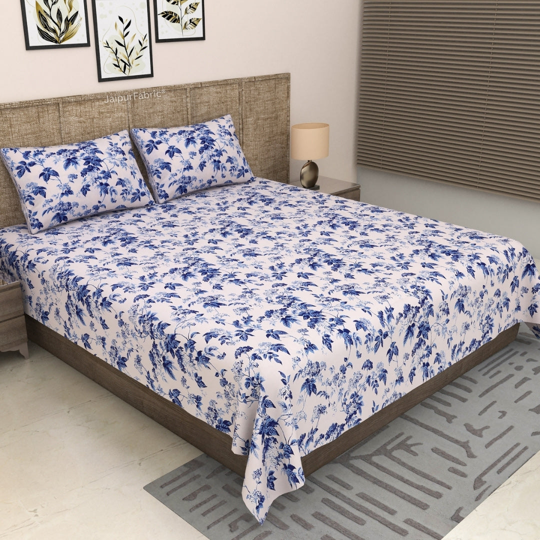 Blue Leafy Vine Floral Pure Cotton King Size Bedsheet