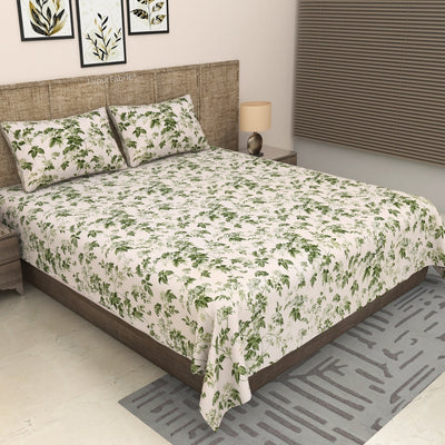 Green Leafy Vine Floral Pure Cotton King Size Bedsheet