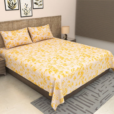 Yellow Leafy Vine Floral Pure Cotton King Size Bedsheet
