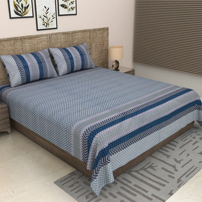 Grey & Blue Geometric Stripe & Chevron Pure Cotton King Size Bedsheet