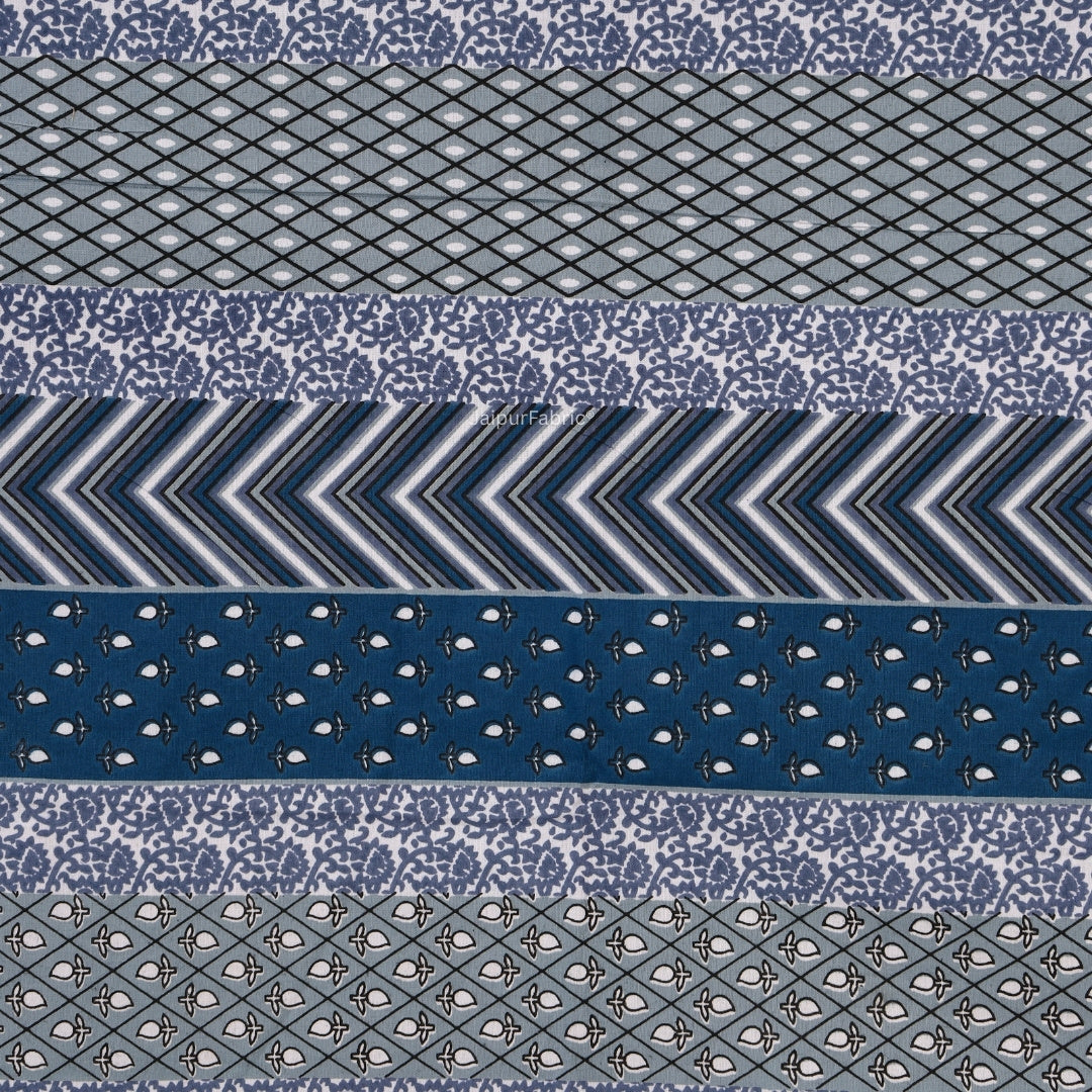 Grey & Blue Geometric Stripe & Chevron Pure Cotton King Size Bedsheet