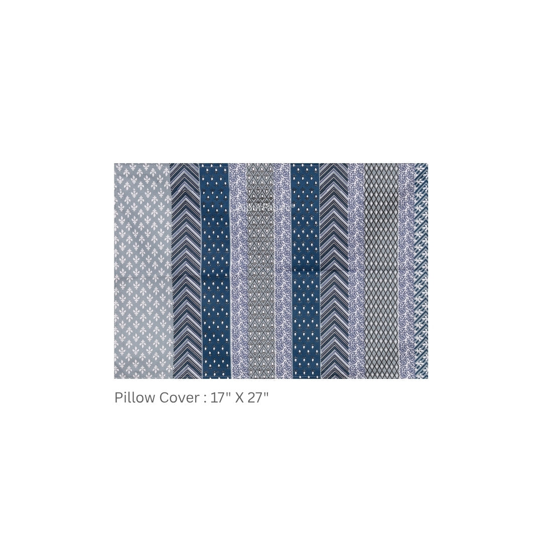 Grey & Blue Geometric Stripe & Chevron Pure Cotton King Size Bedsheet