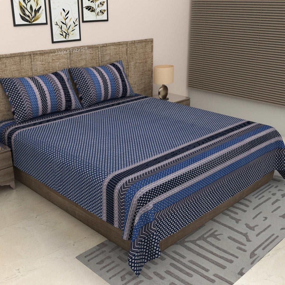 Dark Blue Geometric Stripe & Chevron Pure Cotton King Size Bedsheet