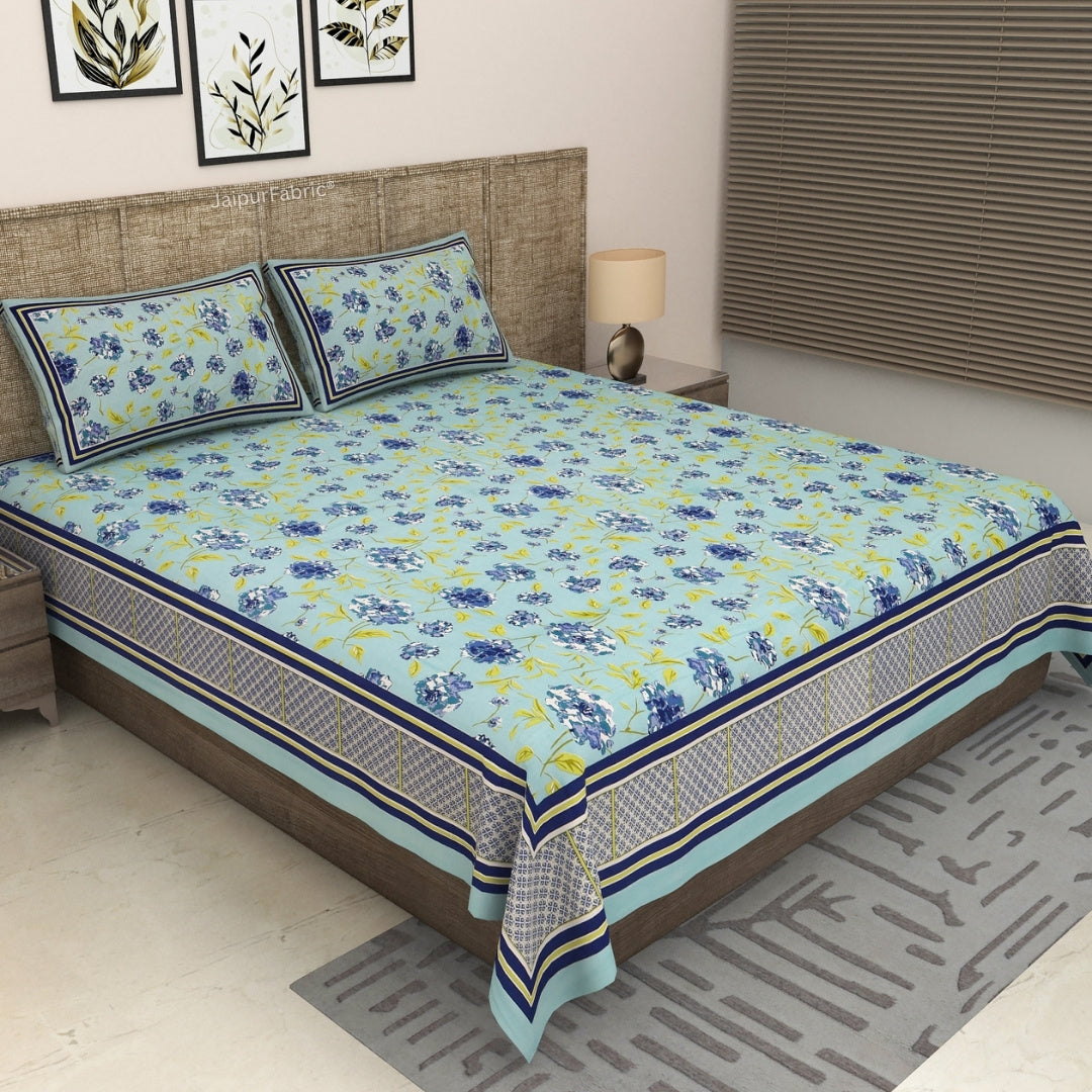 Sky Blue Scattered Garden Floral Pure Cotton King Size Bedsheet