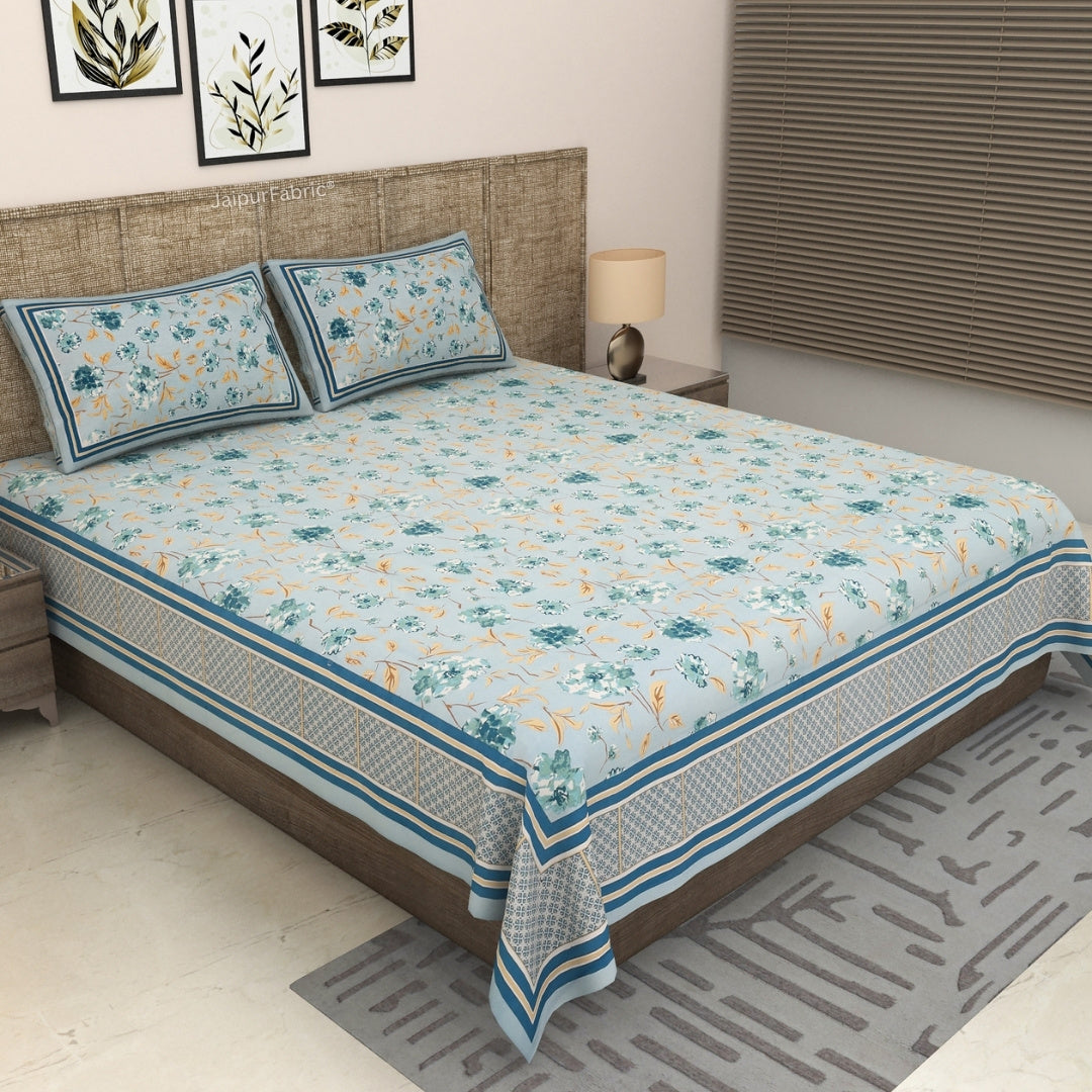Pastel Blue Scattered Garden Floral Pure Cotton King Size Bedsheet