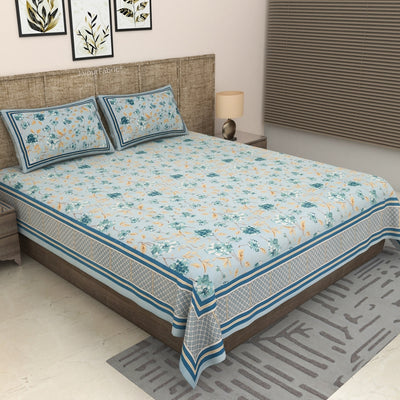 Pastel Blue Scattered Garden Floral Pure Cotton King Size Bedsheet