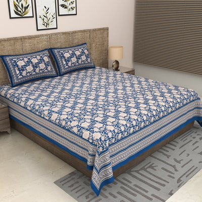 Royal Blue Ethnic Floral Jaal Pure Cotton King Size Bedsheet