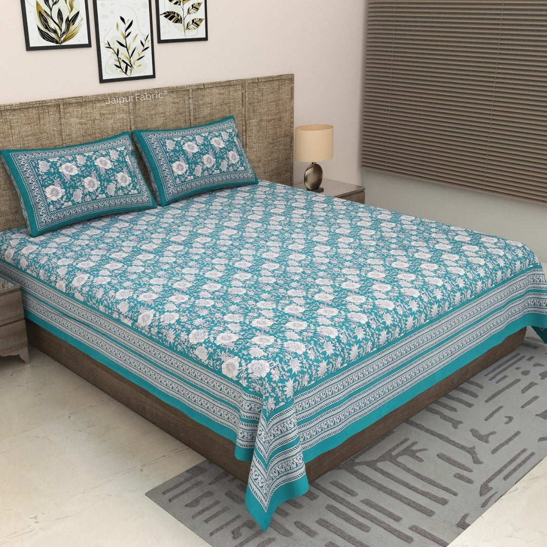 Teal Blue Ethnic Floral Jaal Pure Cotton King Size Bedsheet