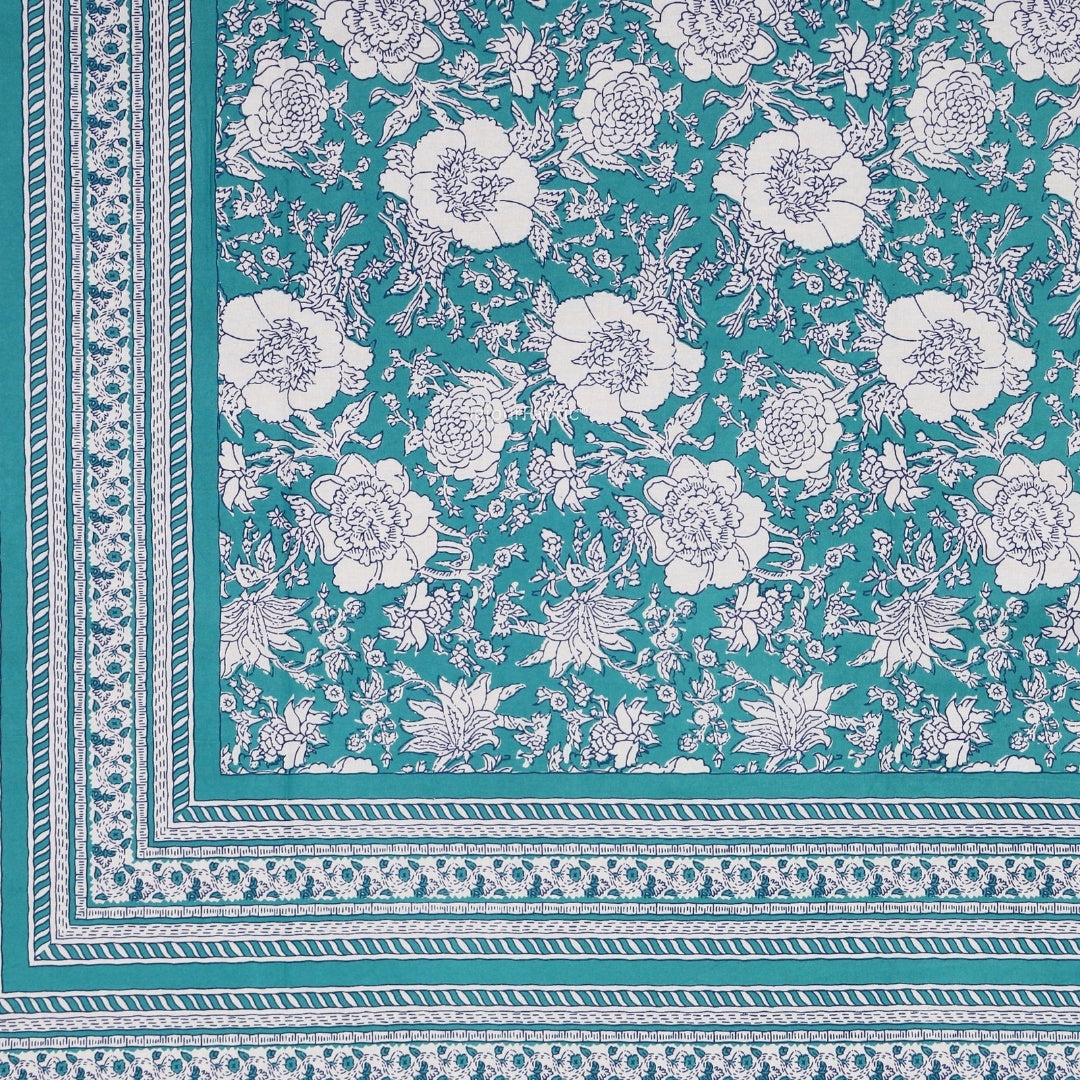 Teal Blue Ethnic Floral Jaal Pure Cotton King Size Bedsheet