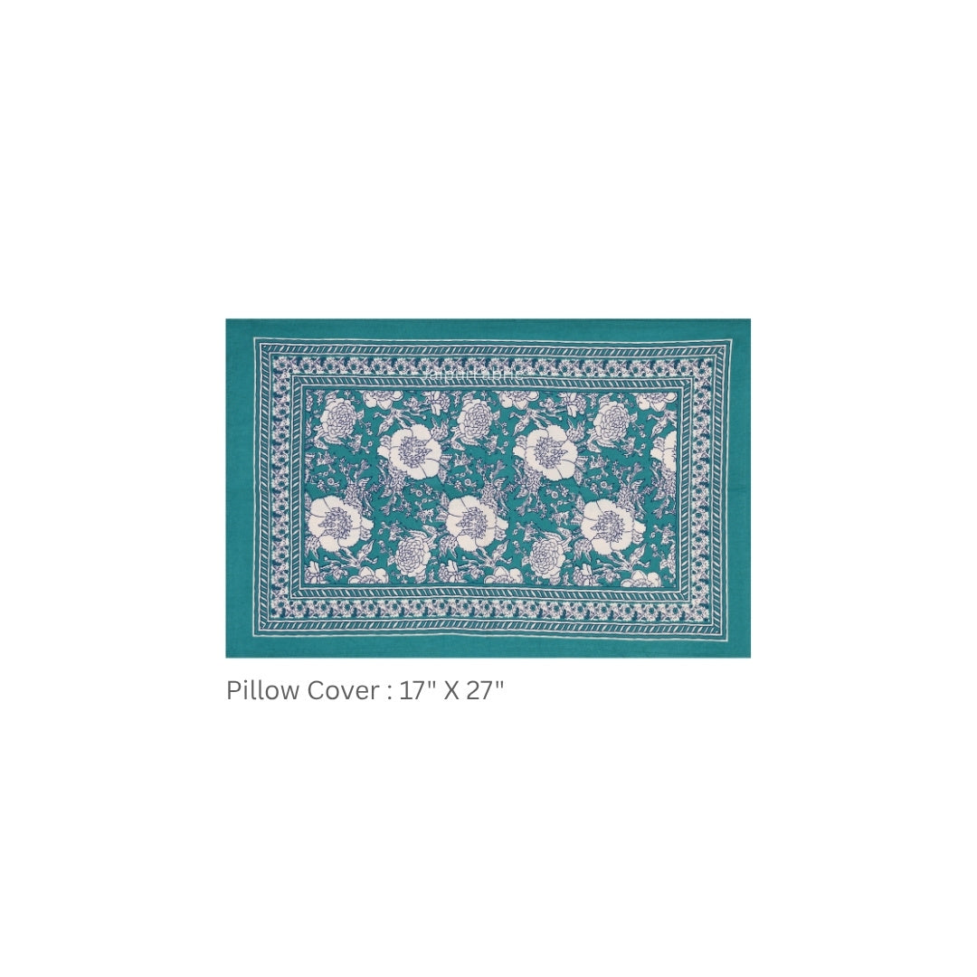 Teal Blue Ethnic Floral Jaal Pure Cotton King Size Bedsheet