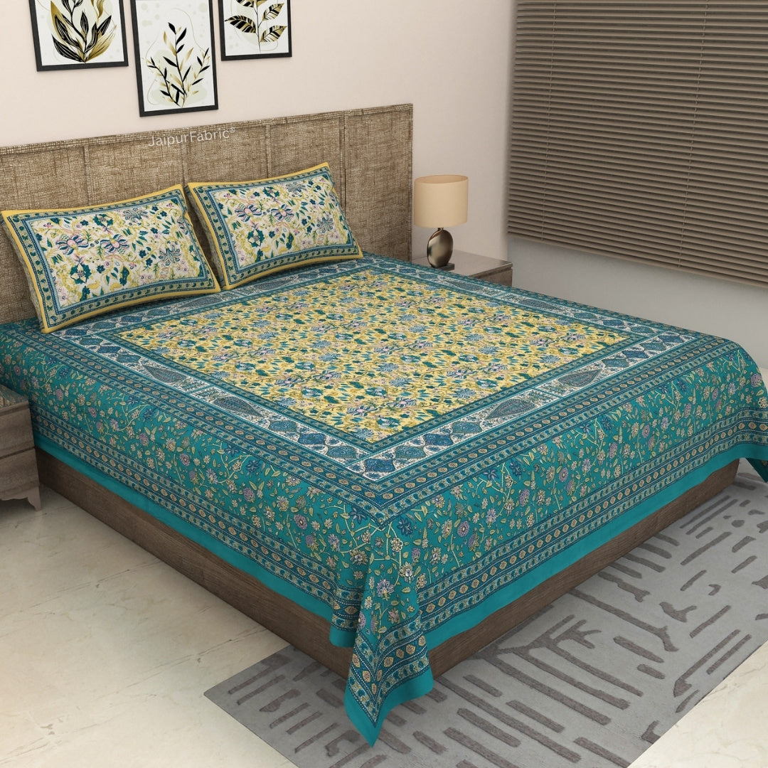 Sea Green & Yellow Classic Royal Buti Pure Cotton King Size Bedsheet