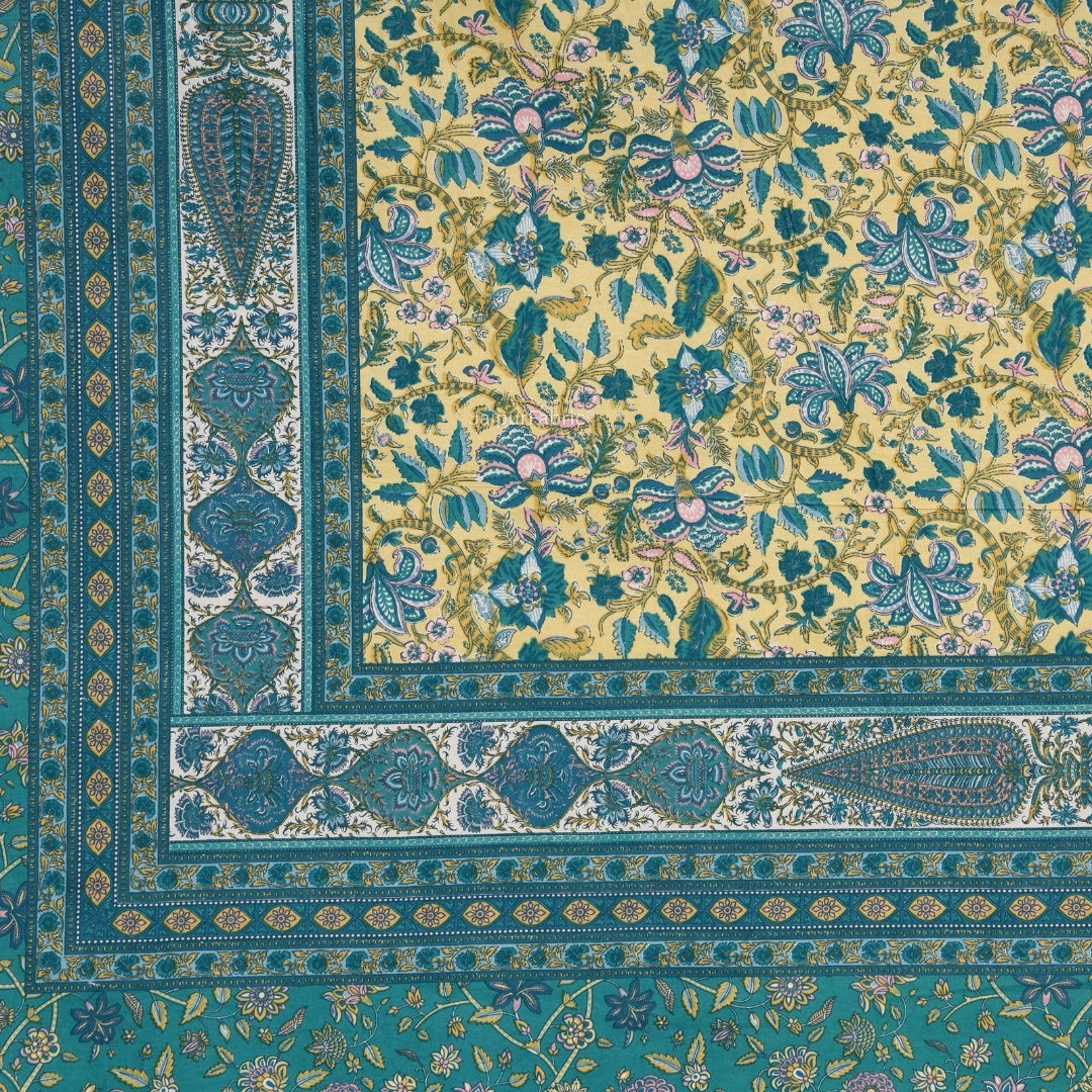 Sea Green & Yellow Classic Royal Buti Pure Cotton King Size Bedsheet