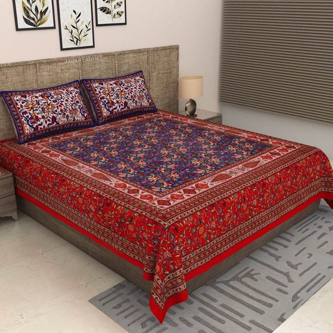 Deep Red & Blue Classic Royal Buti Pure Cotton King Size Bedsheet