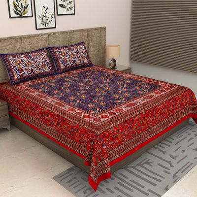 Deep Red & Blue Classic Royal Buti Pure Cotton King Size Bedsheet