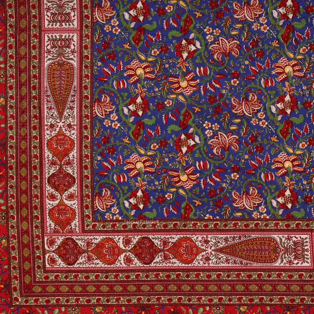 Deep Red & Blue Classic Royal Buti Pure Cotton King Size Bedsheet