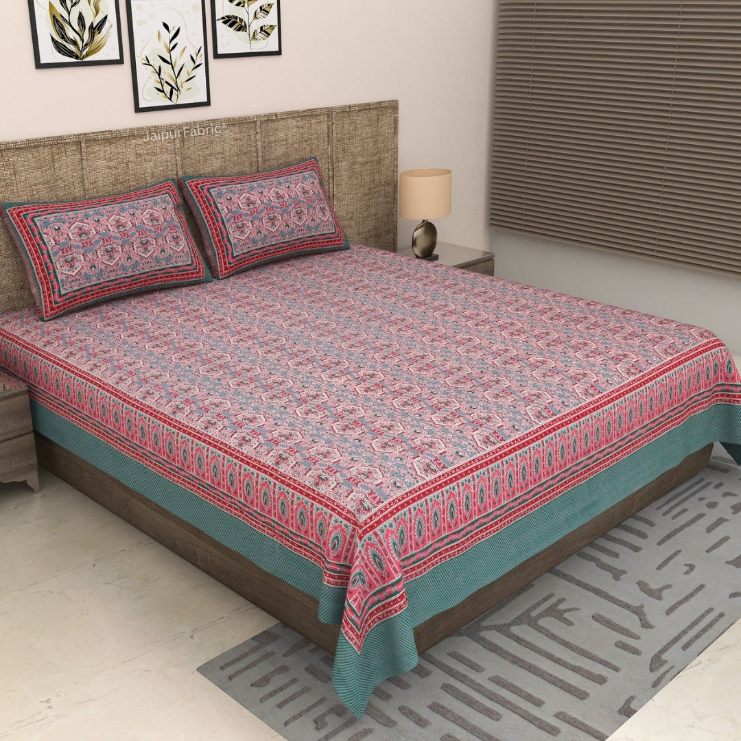 Grey & Pink Traditional Medallion Print Pure Cotton King Size Bedsheet