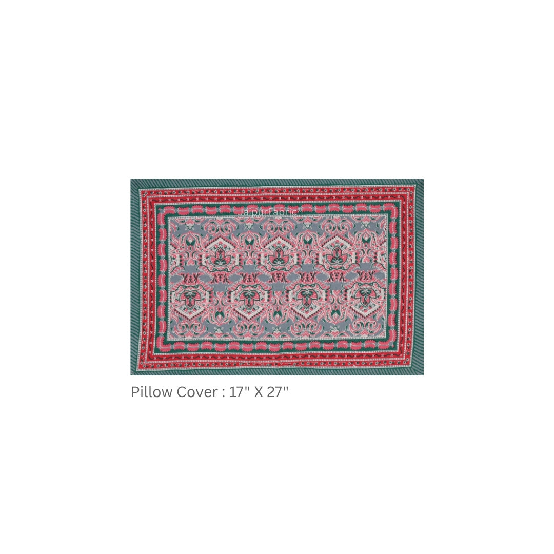 Grey & Pink Traditional Medallion Print Pure Cotton King Size Bedsheet