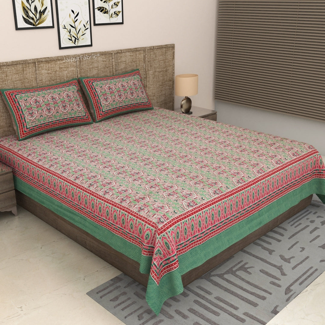 Sage Green & Pink Traditional Medallion Print Pure Cotton King Size Bedsheet