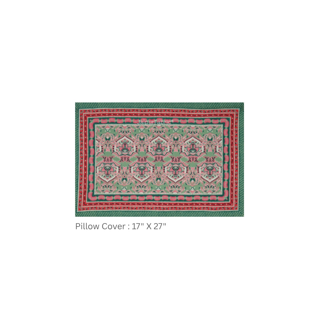 Sage Green & Pink Traditional Medallion Print Pure Cotton King Size Bedsheet