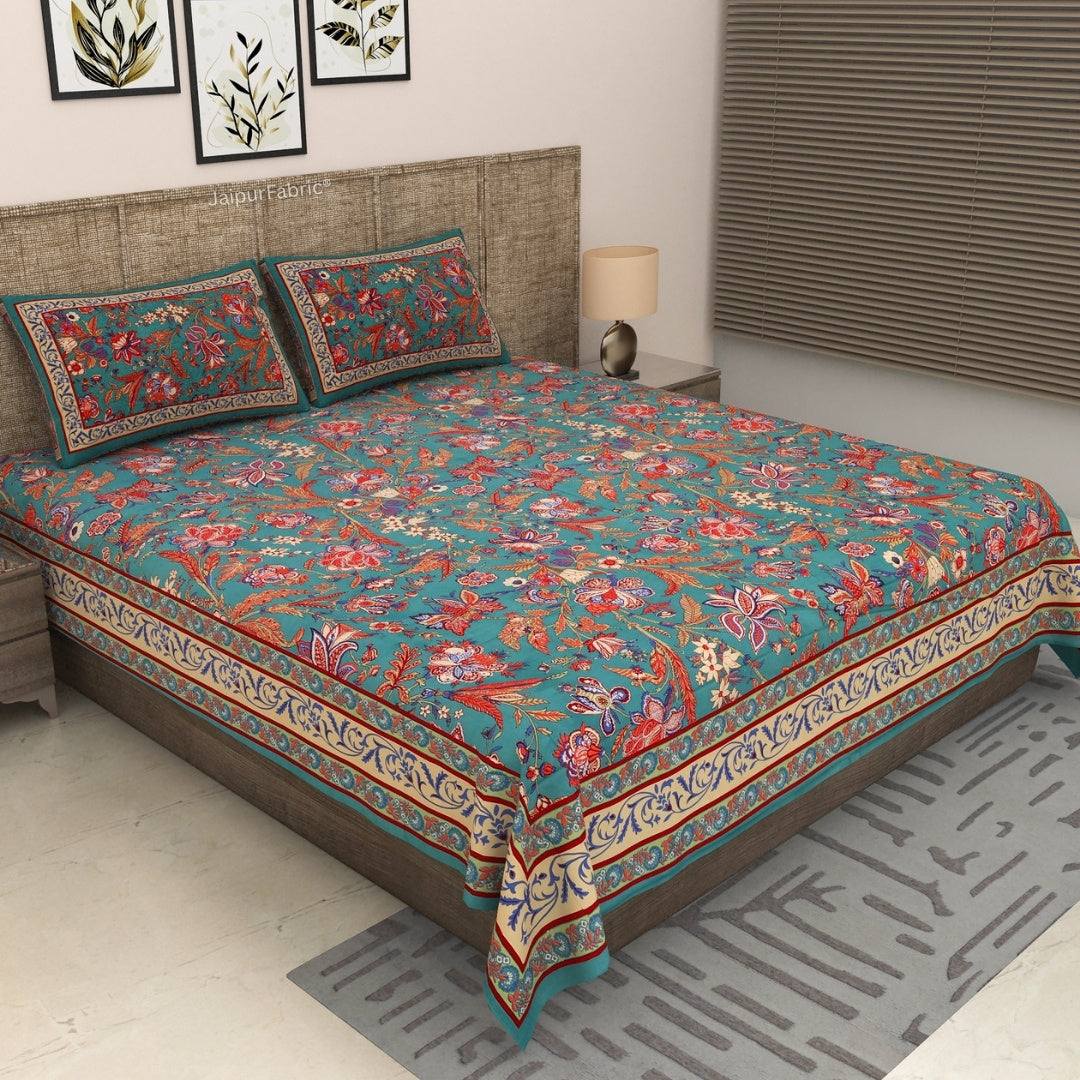 Turquoise Blue Royal Paisley Vine Pure Cotton King Size Bedsheet