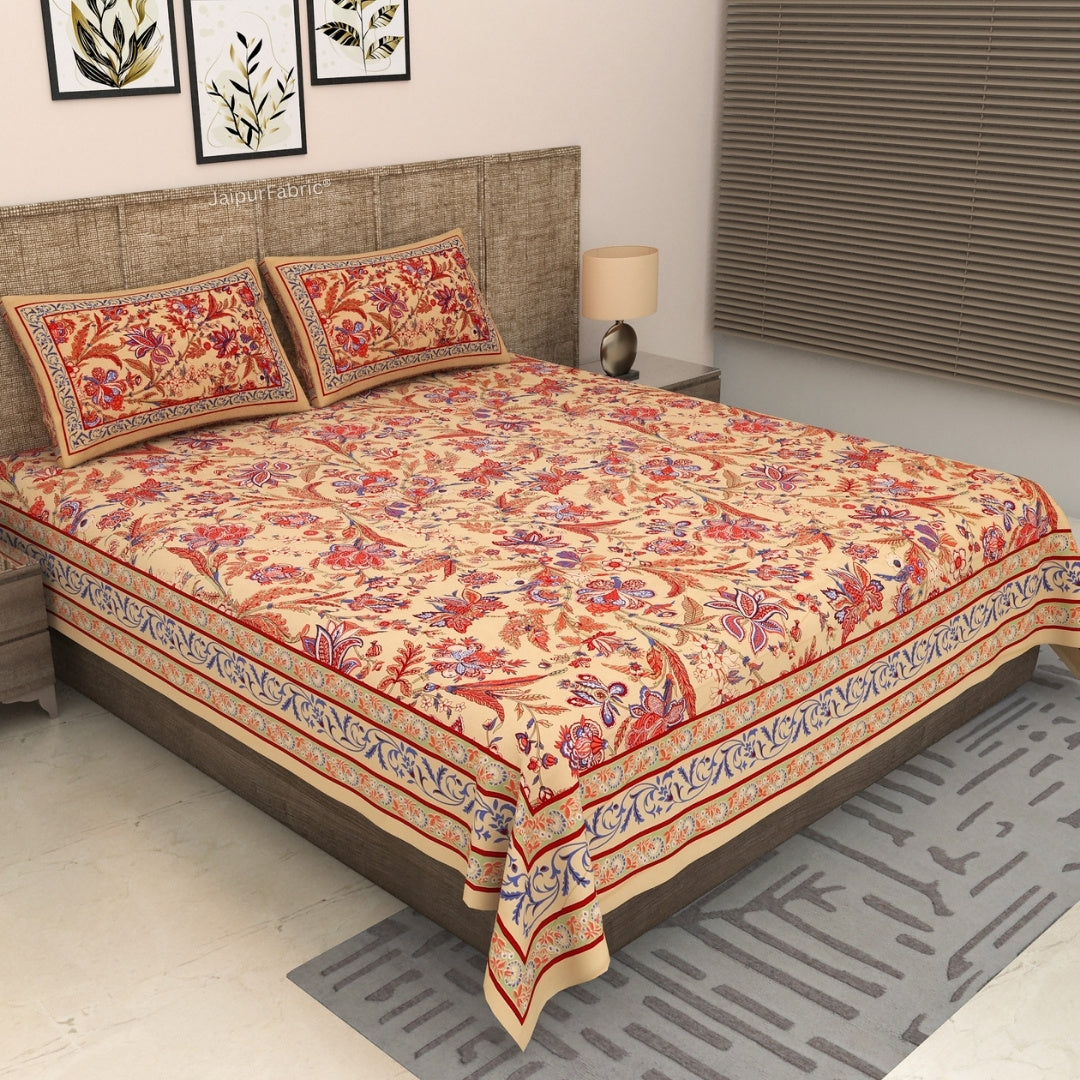 Beige Royal Paisley Vine Pure Cotton King Size Bedsheet