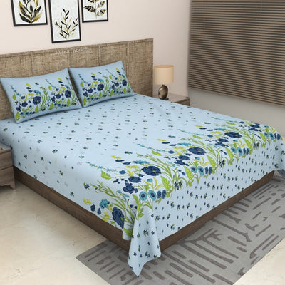 Sky Blue Poppies in Bloom Pure Cotton King Size Bedsheet