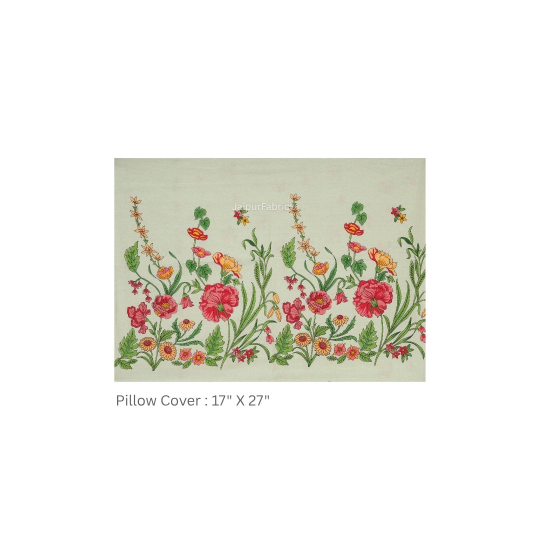 Mint Green Poppies in Bloom Pure Cotton King Size Bedsheet