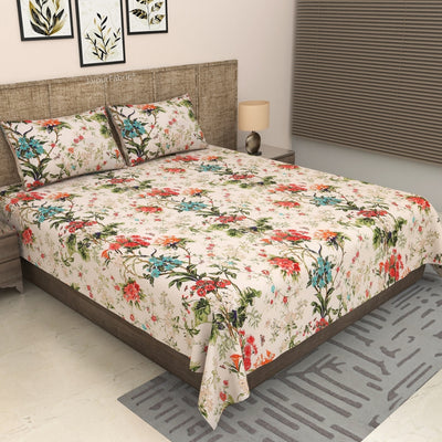 Off-White Tropical Floral Bouquet Pure Cotton King Size Bedsheet
