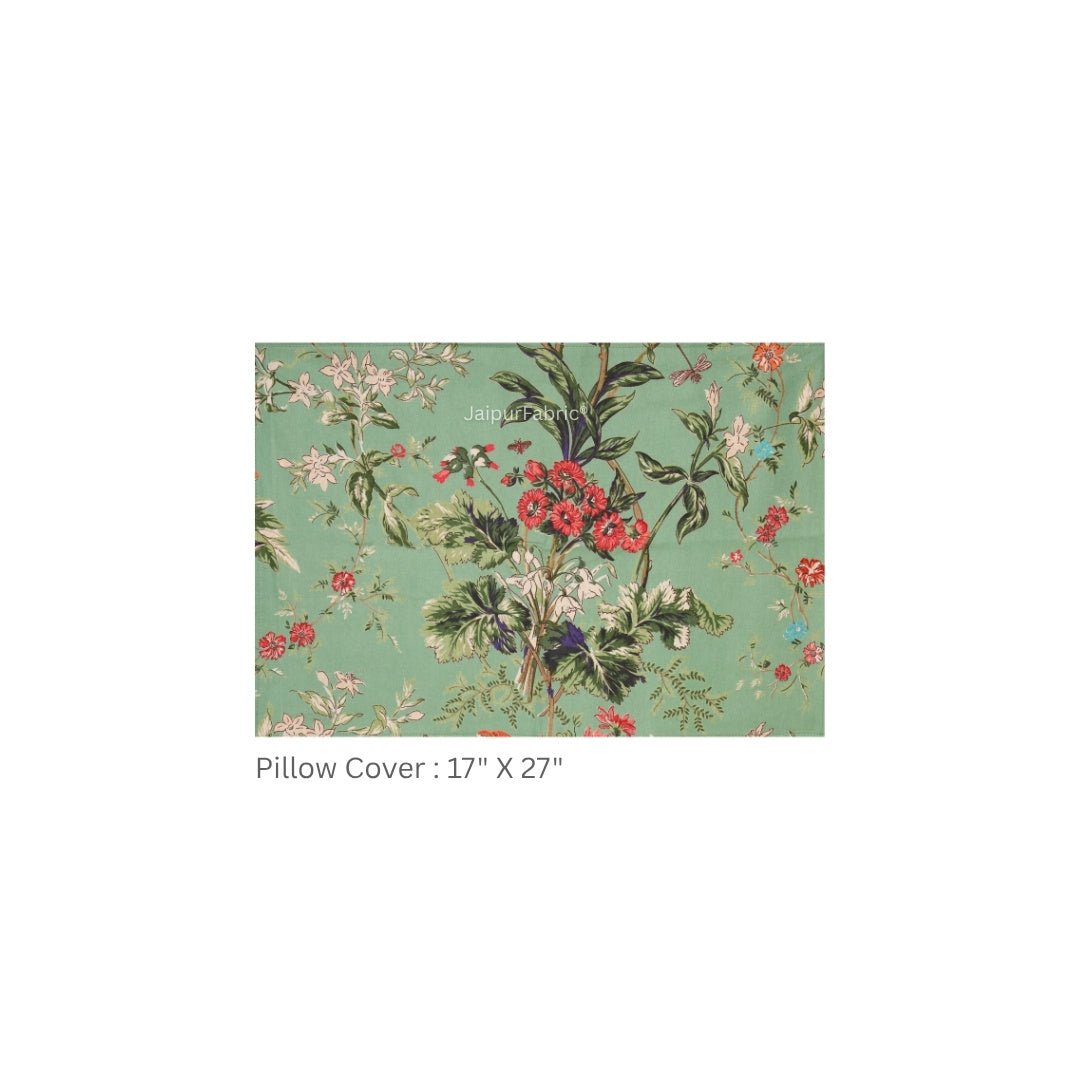 Pistachio Green Tropical Floral Bouquet Pure Cotton King Size Bedsheet